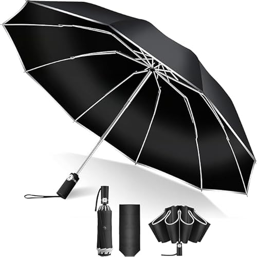 【逆折り式10本骨】折りたたみ傘 ワンタッチ自動開閉 メンズ レディース兼用 耐風・豪雨対応（台風対策可）広幅105cm大きい 反射テープ付き 遮光99%・UVカット99% 男子日傘 テフロン加工 折り畳み傘 収納ポーチ付き 晴雨兼用 梅雨対策 丈夫耐久 ブラック