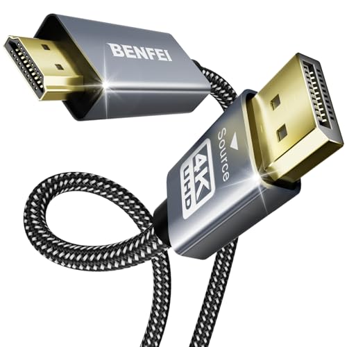 BENFEI 4K DisplayPort - HDMI 1.8m ケーブル [アルミニウム シェル、ナイロン編組]、単方向 DP 1.2 コンピューター to HDMI 1.4 スクリーン ケーブル HP、ThinkPad、AMD、NVIDIA、デスクトップなどと互換性があります（オス-オス 、逆方向に非対応）
