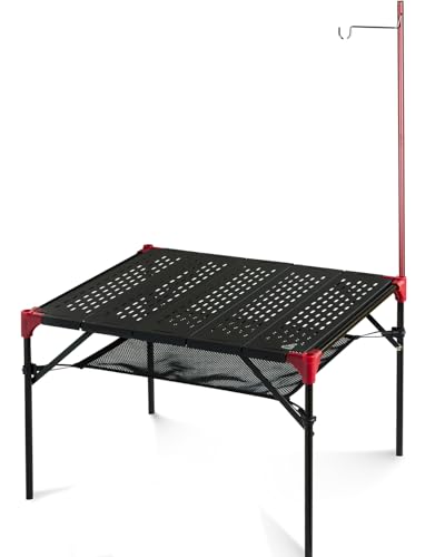 【iClimb（アィクライム）】キャンプアルミテーブル ランタンハンガー付き ★大きいデスクトップ 52X42cm ★テーブル天板中空式 軽量 防水 防錆 ★多機能 テーブル無限拡張可能 収納棚用可能 ★収納袋付き 製品重量1.7kg 折りたたみ コンパクト 携帯便利 耐荷重30kg（L-Black+ランタンハンガー）
