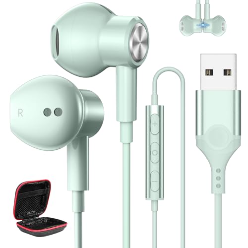 MACLE イヤホン USB マイク付き PC パソコン用 イヤホン 有線 ヘッドセット 磁気設計 通話対応 音量調整 2.3M長 Type-A テレワーク/Web会議 在宅勤務 ゲーミング用 イヤフォン usb接続 対応windows/Mac/PS5/デスクトップ/ノートパソコン/Linux/Surface Proなどと互換性あり インナーイヤー型 軽量 収納ケース付き 緑色