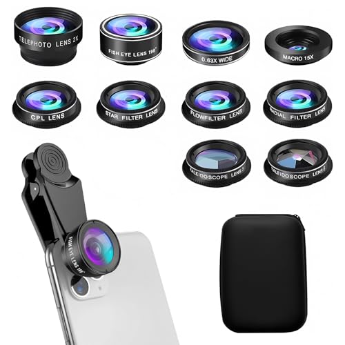 10in1 スマホ用カメラレンズ スマホ用望遠レンズ クリップ式レンズ スマホ用レンズセット【広角レンズ、マクロレンズ、魚眼レンズ、望遠/CPLフィルタ/万華鏡レンズ/星形/フローフィルター/ラジアルレンズ】 携帯用外付けレンズ 簡単取り付け 収納袋付き 高倍率 広角レンズ iphone 望遠レンズ iPhone/Android 多機種のスマートフォンに対応 特殊効果/お花見/旅行用