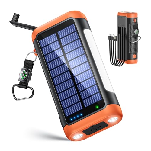 ソーラーモバイルバッテリー 【2025最新 61800mAh大容量 & 手回し発電】 22.5W/PD18W 急速充電 4本ケーブル内蔵 6台同時充電 ソーラーチャージャー 側面ライト+LEDライト付き IP67防水 防塵 耐衝撃 5way蓄電 モバイルバッテリー ソーラー充電器 コンパス搭載 フック付き 携帯便利 アウトドア/旅行/地震/災害/緊急用 防災グッズ (オレンジ)